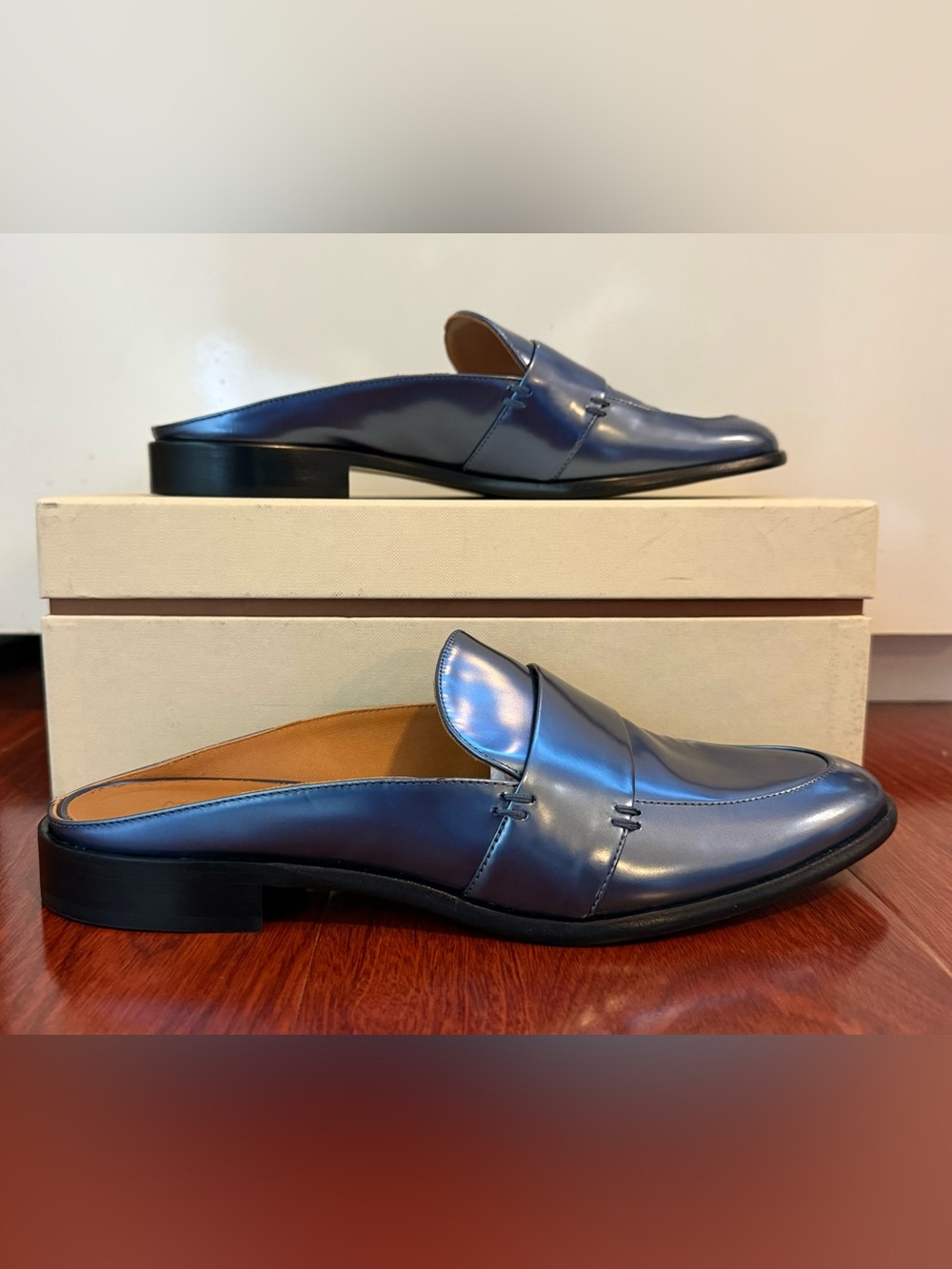 M.Gemi New Metallic Navy Leather Loafer Mules IT 37.5 US 7 Made in Italy